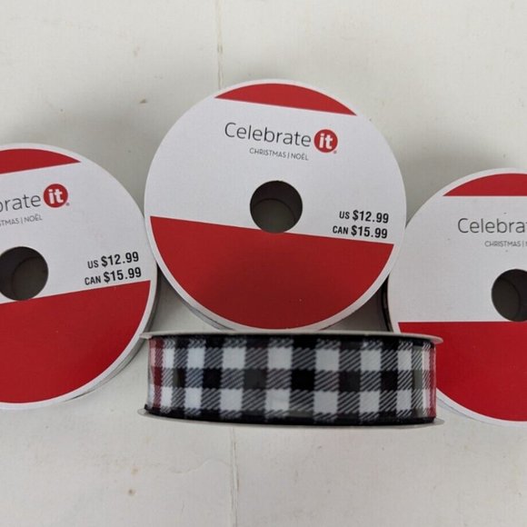 Celebrate It Other - Buffalo Check Plaid Black & White Wired Crafting Ribbon 7/8 x 24 Ft Lot‎ of 4